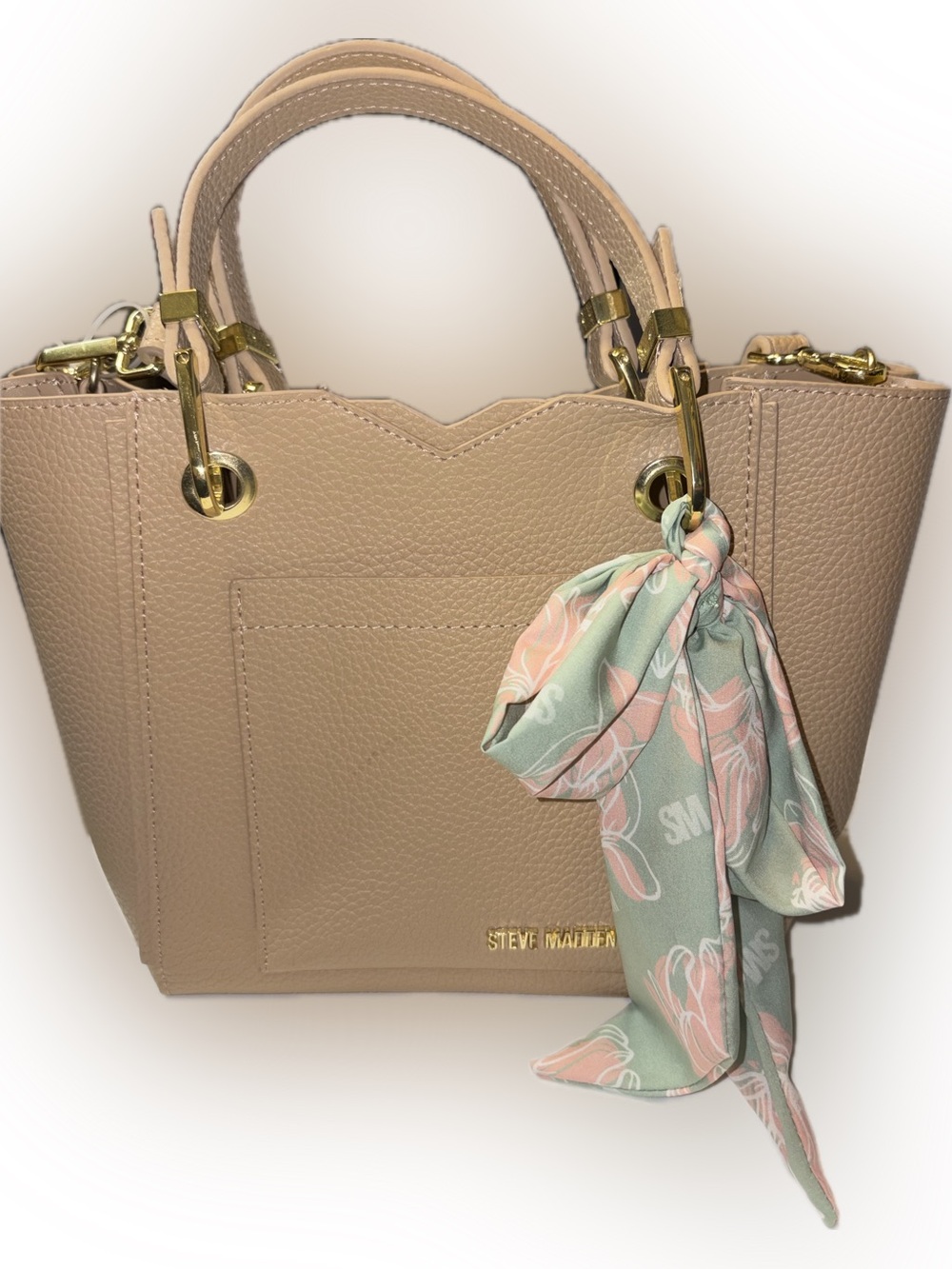 Steve Madden Beige Leather Top-Handle Tote with Pastel Scarf Accent